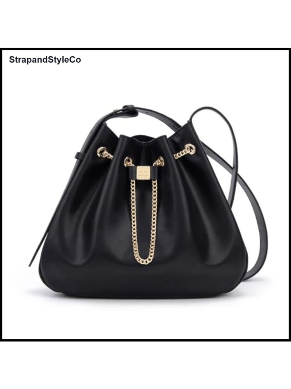 Genuine Leather Bucket Bag Chain Drawstring Adjustable Crossbody Shoulder